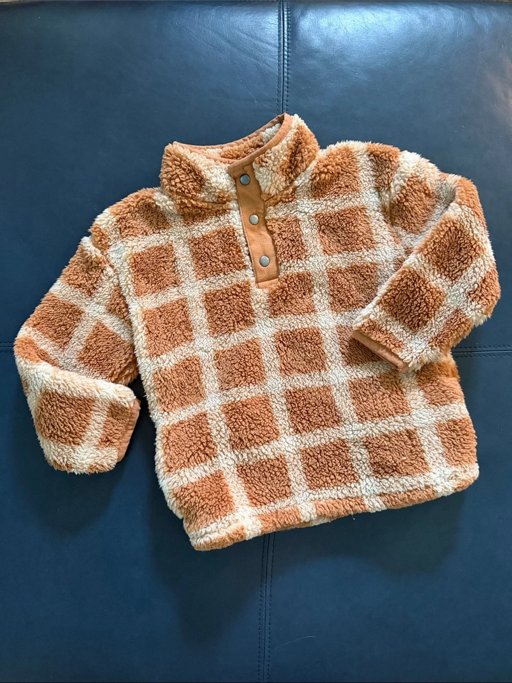 Cozy Sherpa Pullover in Rust and Cream Check